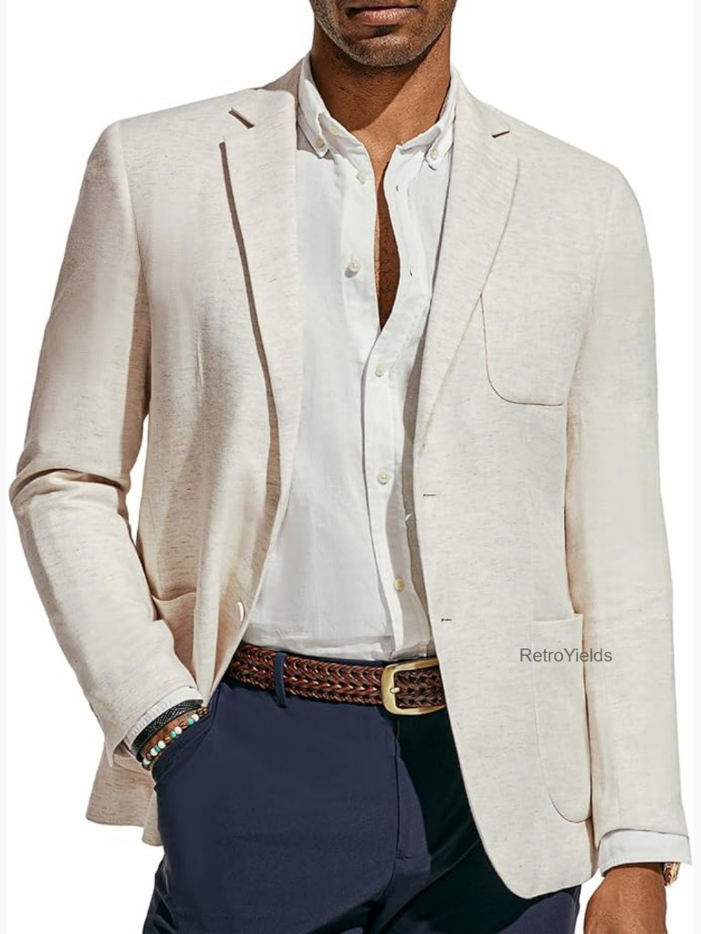 Men's Cotton Linen Blazer Jacket Regular Fit Sport Coat Herringbone Two Button
